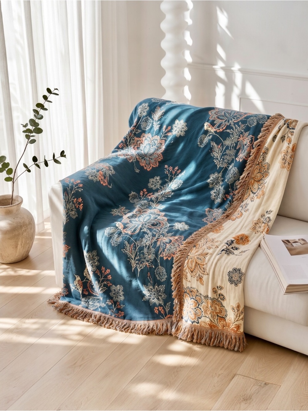NEW Anthropologie Queen Boho Floral Orange Teal Throw Blanket Bedspread 80 x 90